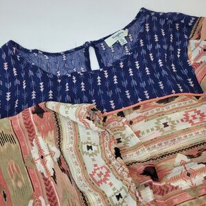 Hayden, Tan/Blue Aztec Chiffon Blouse, Size 1X